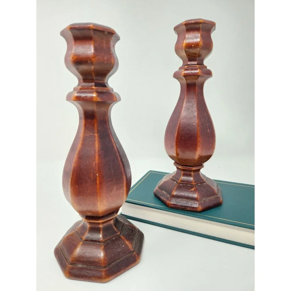 Vintage Hand Carved Wood‎ Taper Candle Holder Candlestick Pair 8